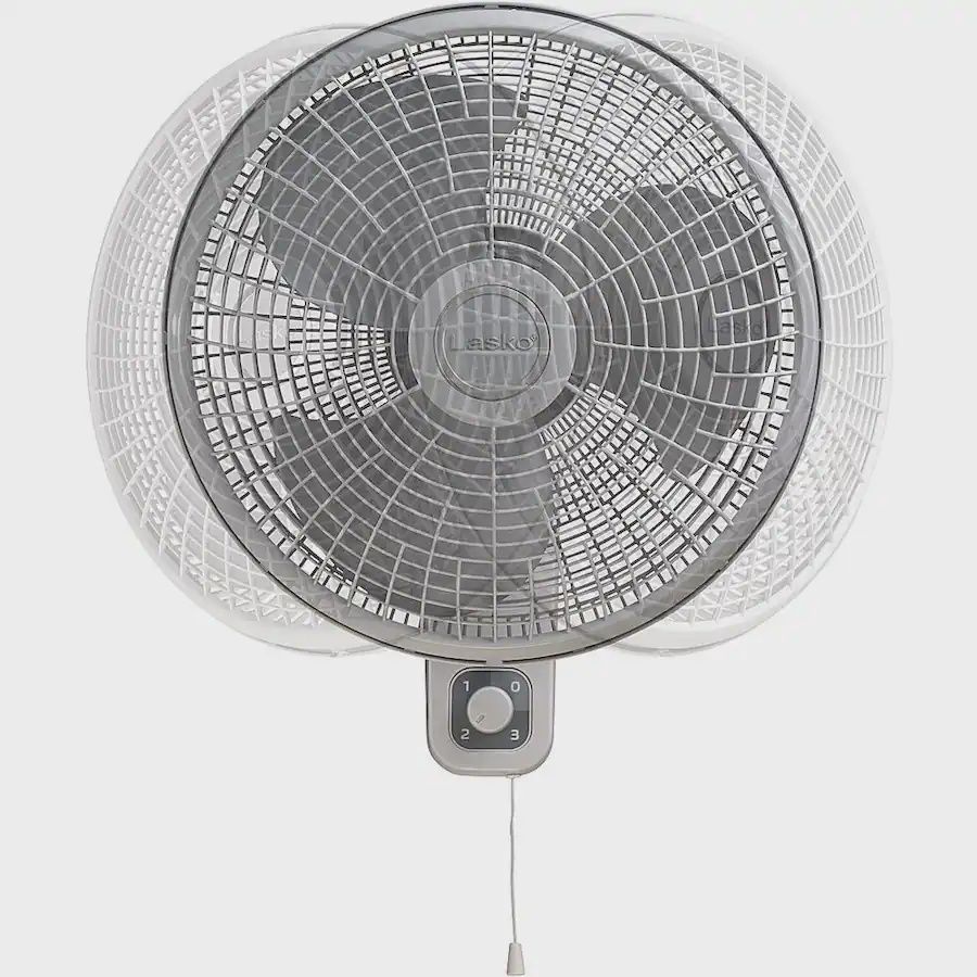 Front view of Lasko 16-inch Oscillating Wall Mount Fan with anti-rust grills and adjustable oscillation.