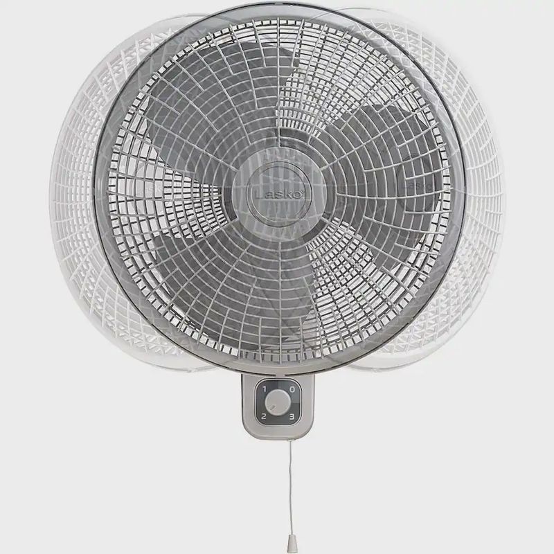 Front view of Lasko 16-inch Oscillating Wall Mount Fan with anti-rust grills and adjustable oscillation.