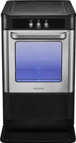 Insignia Portable Nugget Ice Maker in stainless steel with front control panel and ice storage compartment.