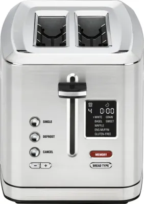 Front view of the Cuisinart 2-Slice Digital Toaster with MemorySet feature, showcasing its stainless steel finish.