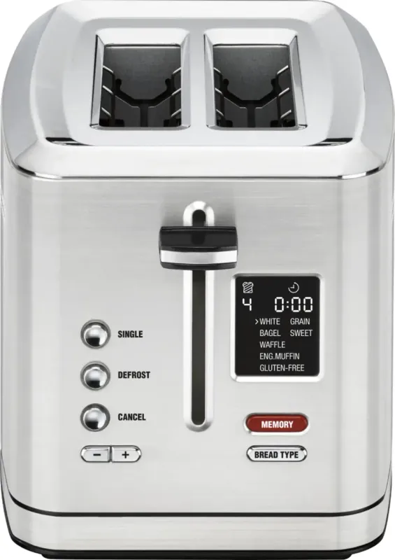 Front view of the Cuisinart 2-Slice Digital Toaster with MemorySet feature, showcasing its stainless steel finish.