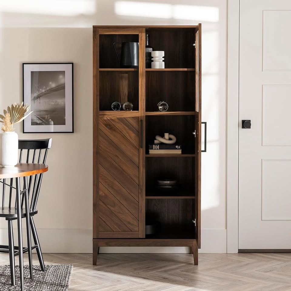 Walker Edison Emma Boho Chevron 2 Door Glass Window Hutch with Bottle Storage