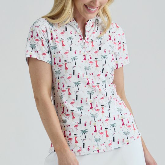 Bermuda Sands Ladies DELRAY Short Sleeve Print Golf Shirt - White