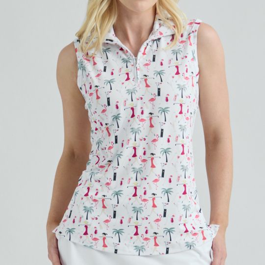 Bermuda Sands Ladies &amp; Plus Size BERNICE Sleeveless Print Golf Shirt - White