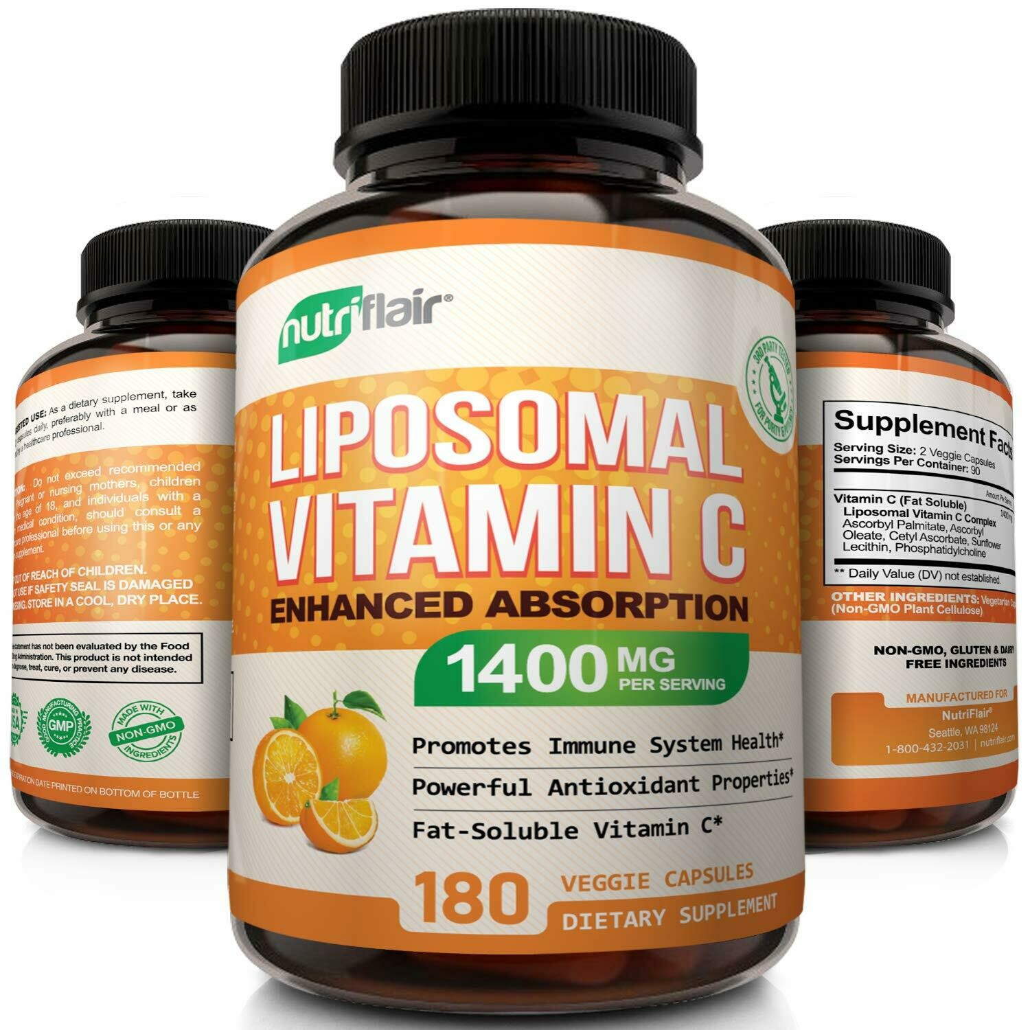 ויטמין C ליפוזומלי - 1400 מ"ג למנה, 180 כמוסות צמחיות, לא מהונדס.