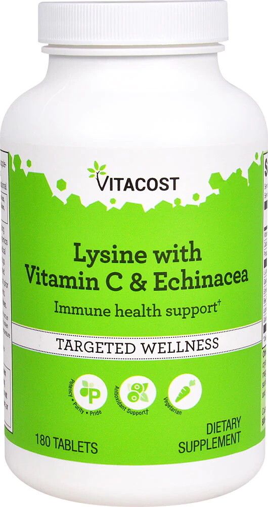 חומצת אמינו ליזין עם ויטמין C ואכיניצאה לטיפול בווירוס ההרפס ולחיזוק המערכת החיסונית | Lysine with Vitamin C & Echinezea, 180t - Vitacost