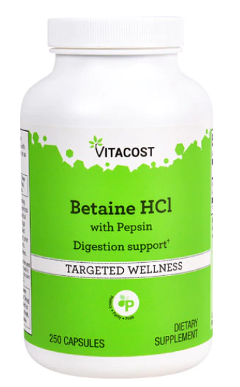 בטאין HCL בתוספת פפסין- תוספת מיץ קיבה לאנשים עם תת חומציות בקיבה | Betaine HCL 250c - Vitacost