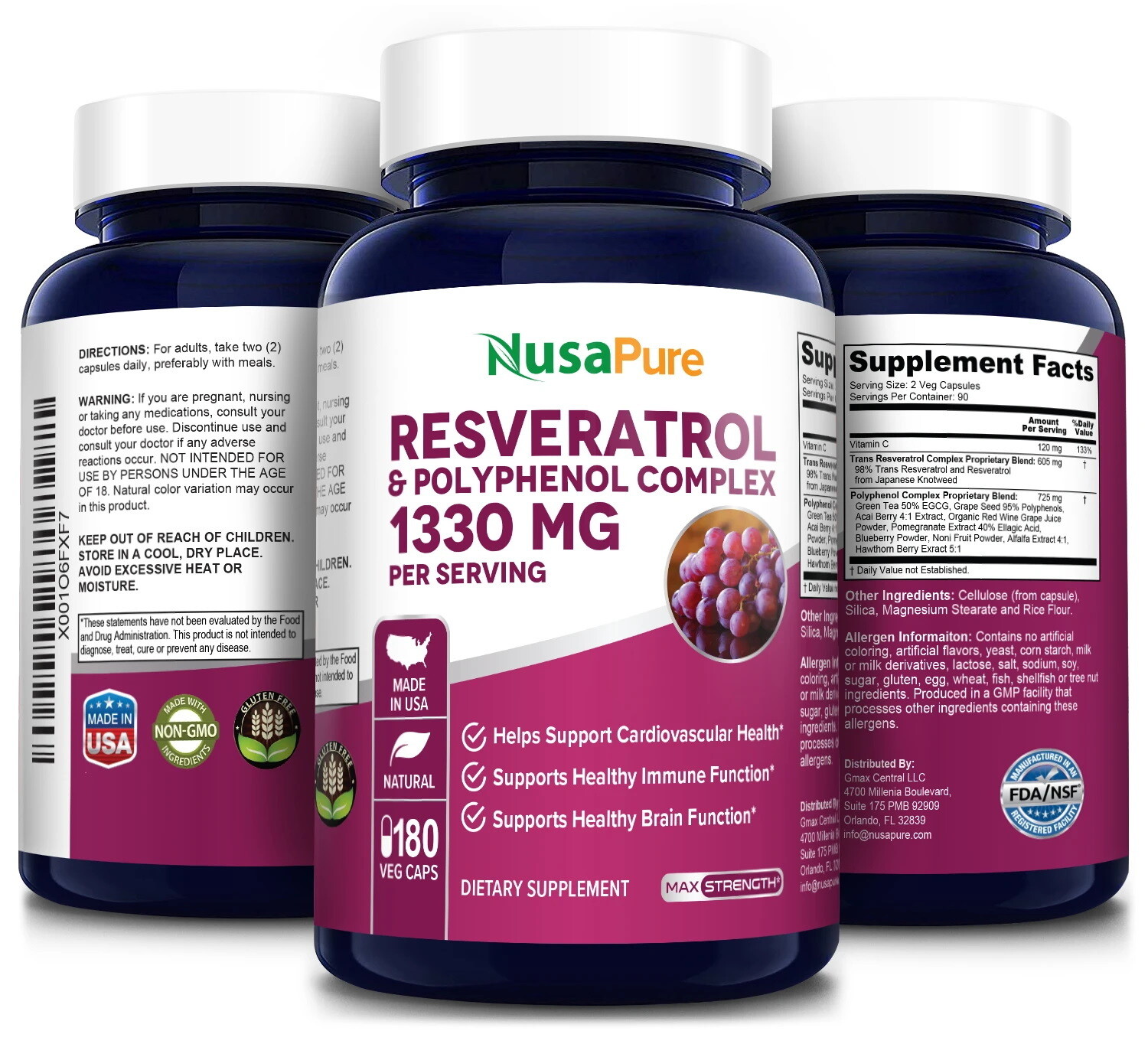 תשלובת רסוורטרול ופוליפנולים עם ויטמין סי - 1330 מ"ג, 180 כמוסות צמחיות. תומכת בבריאות הלב, באיזון לחץ דם, ובאיזון הורמונלי | Resveratrol & Polyphenol Complex 1450 mg 180 vc - NusaPure