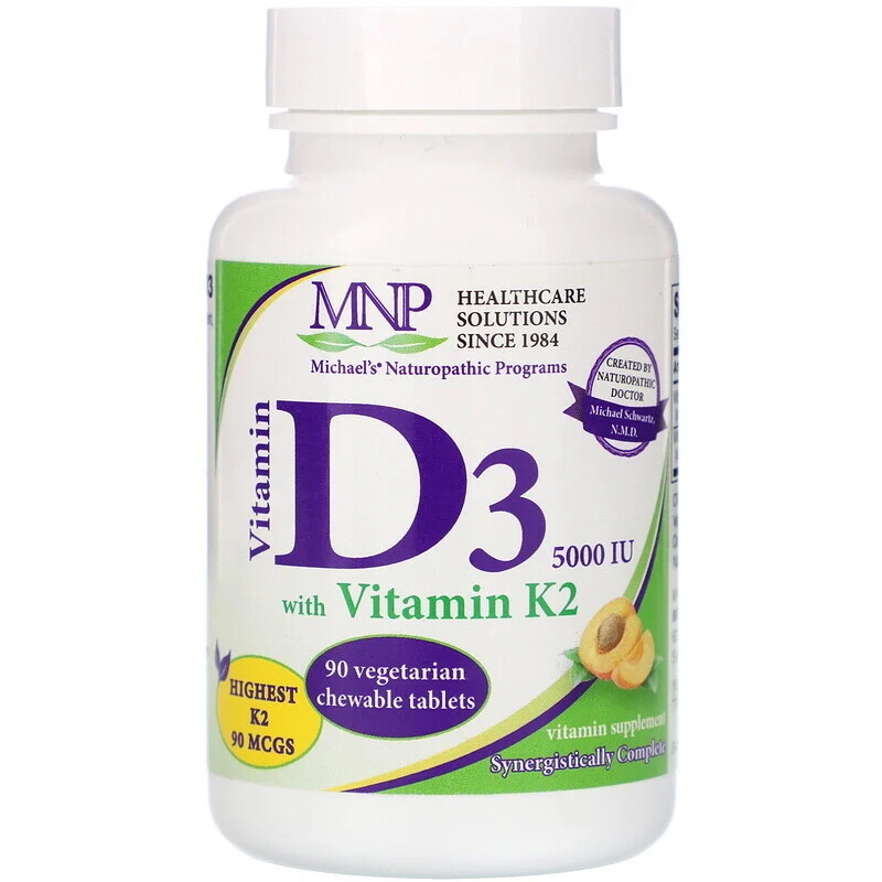 ויטמין D3 עם K2 כשר למציצה, בטעם אפרסק טבעי שילדים אוהבים, 5000 יחב&quot;ל D3 עם 90 מק&quot;ג K2 טבעי | Vitamin D3 5,000 IU with Vitamin K2, 90 vegeterian chewable tablets - MNP