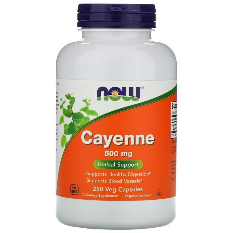 כמוסות פלפל קאיין - 250 כמוסות, 500 מ"ג לכמוסה, 40,000 יחידות חום | Cayenne 500 mg 250c - Now