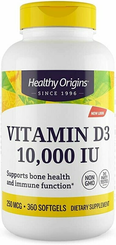 ויטמין D3  10,000 יחב"ל, 360 כמוסות ג'לטין רכות לנוחות שימוש מרבית | Vitamin D3 Gels, 10,000 IU , 360c -Healthy Origins