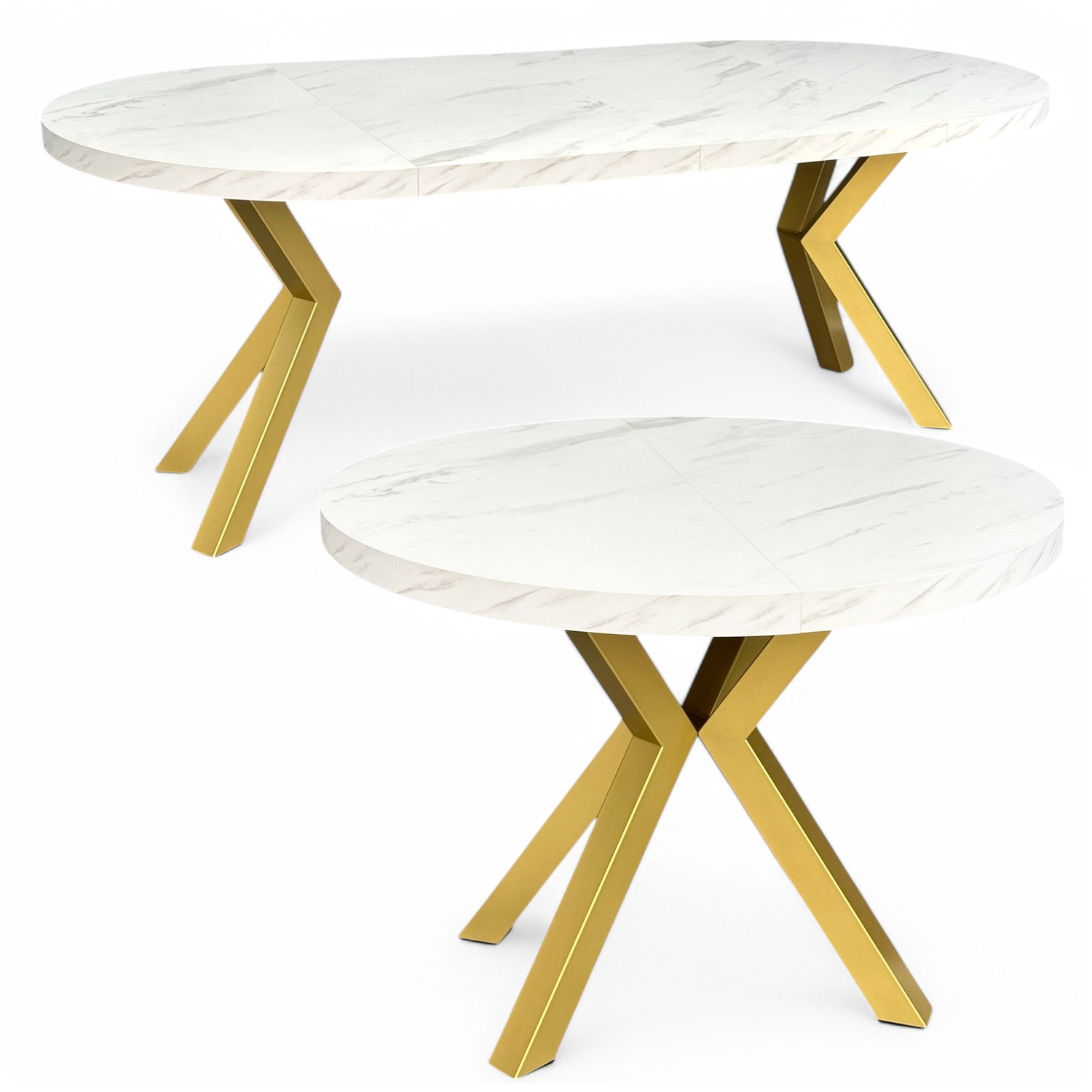 Runder Tisch weißer Marmor + Gold X