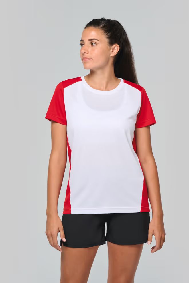 Pro-Act Ecologisch en tweekleurig Dames sport t-shirt, ronde hals, korte mouwen.