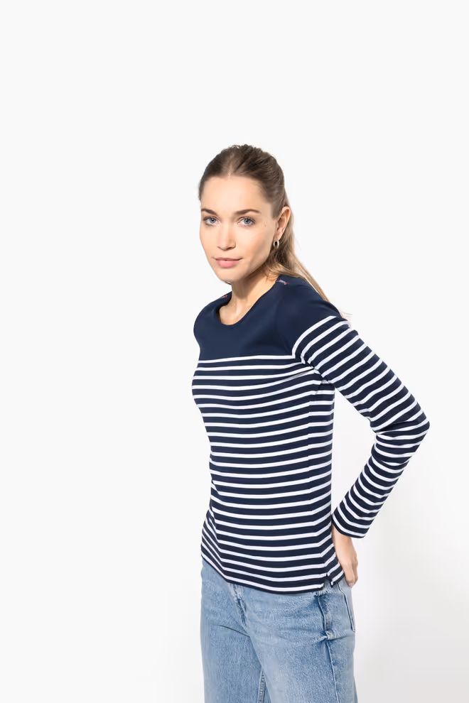 Kariban Dames "Breton stripe" top, ronde hals, lange mouwen.