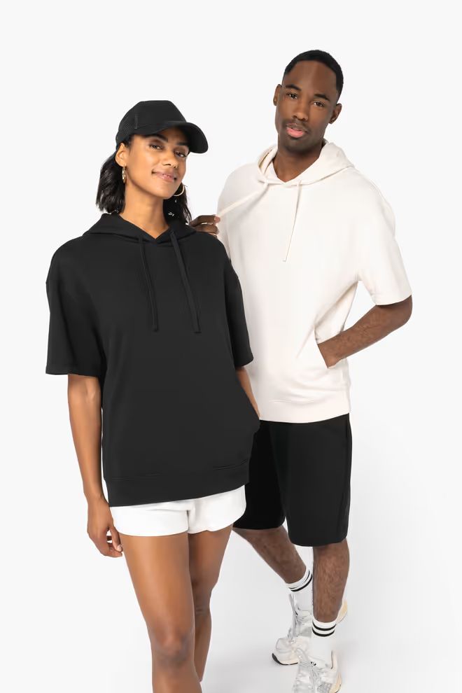 Native Spirit Ecologische unisex sweater met capuchon en korte verlaagde schouders "French Terry".