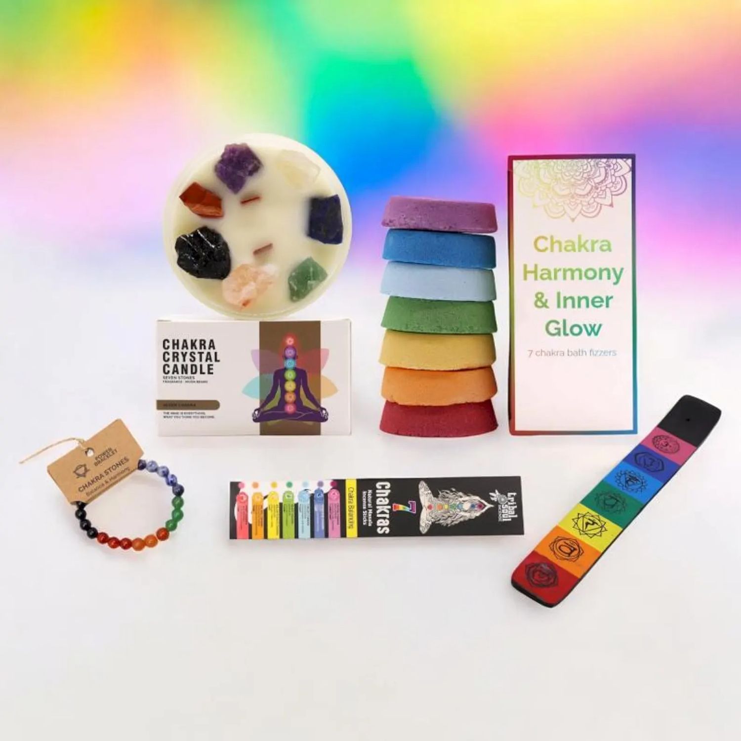 Chakra Healing Bundle with a Crystal Candle, Gemstone Bracelet, Bath Fizzers and Incense for Energy Balance, Meditation and Relaxation