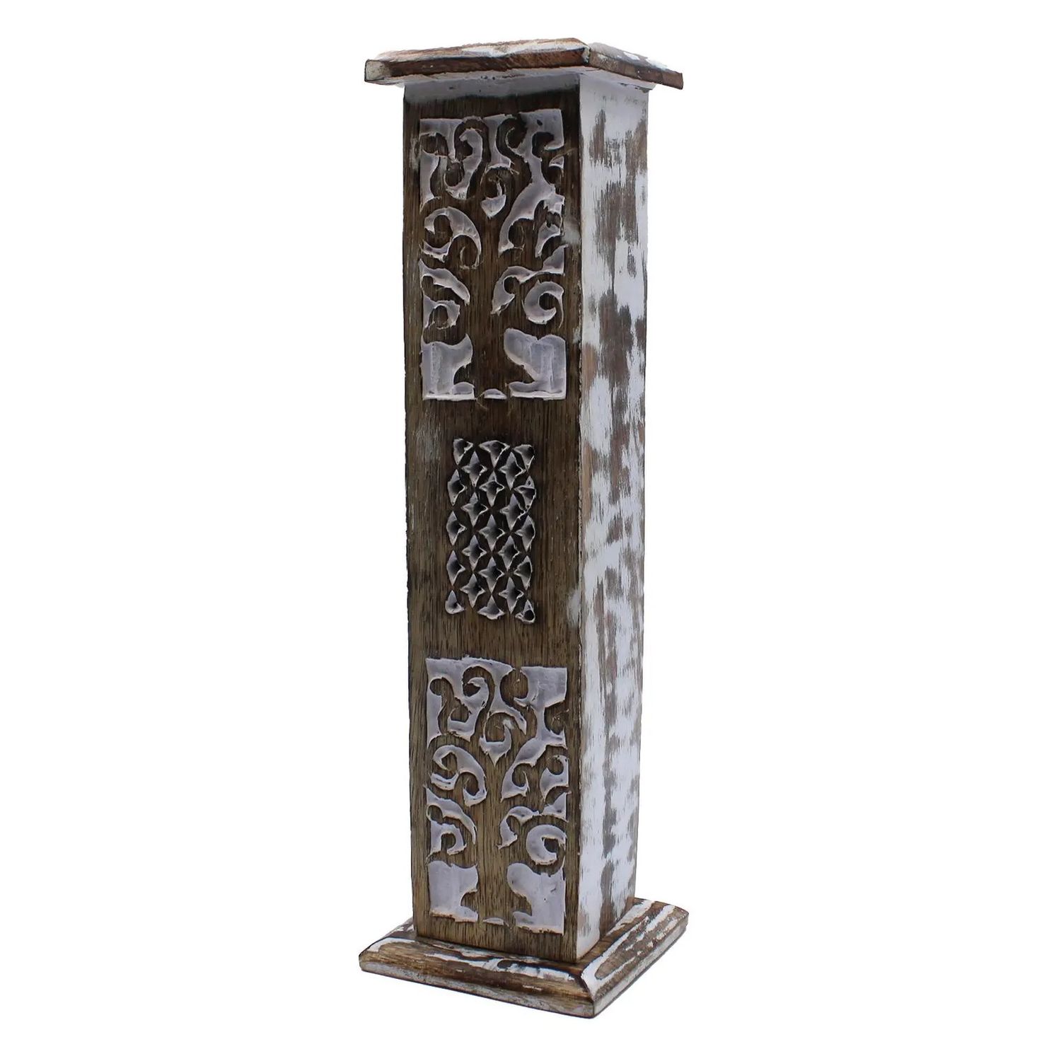 Mango Wood White-Washed Incense Holder – Handcrafted Smoke Tower – Stick &amp; Cone Burner – Spiritual Home and Altar Decor