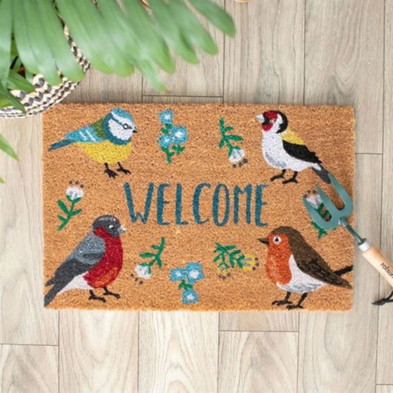 Natural custom Coir Doormat with British Garden Birds | Robin, Blue Tit, Goldfinch, Bullfinch | Outdoor Welcome Mat