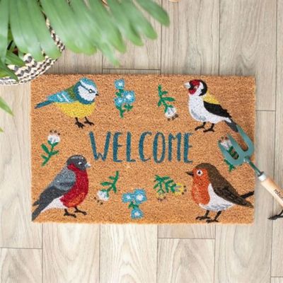 Natural custom Coir Doormat with British Garden Birds | Robin, Blue Tit, Goldfinch, Bullfinch | Outdoor Welcome Mat