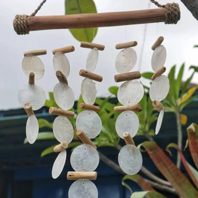 Driftwood Wind Chime, Capiz Shell Chime, Handmade Wind Chime, Boho Garden Decor, Beach Home Gift, Pearl Wind Chime