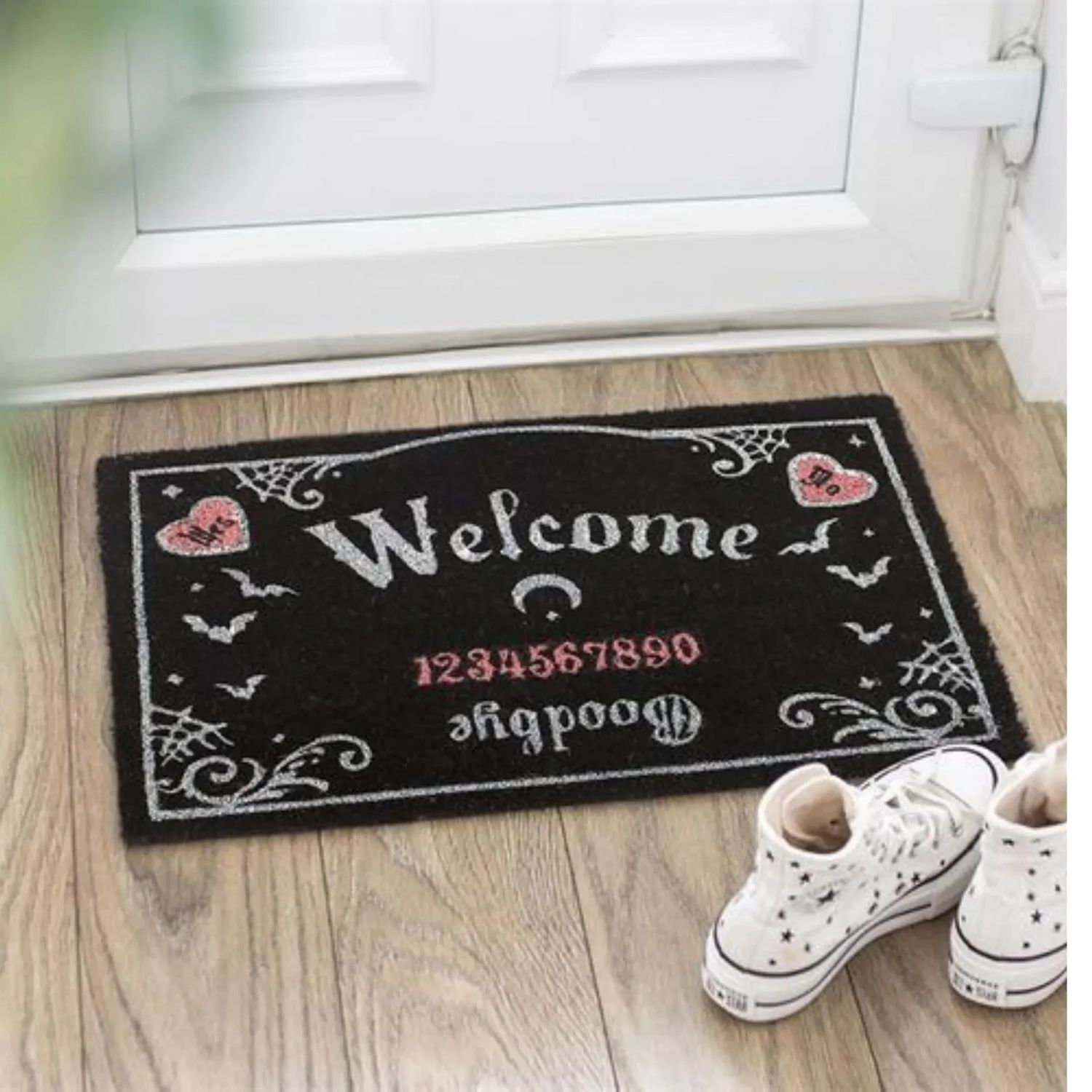Pink and Black Talking Board Doormat – Gothic Witchy Home Decor – Ouija Style Coir Mat – Occult Entryway Rug – Indoor Halloween Welcome Mat