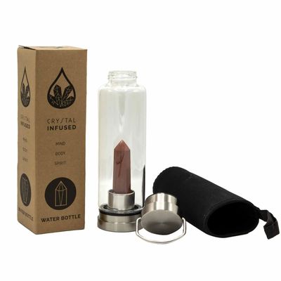 Crystal Infused Glass Water Bottle – Red Jasper Obelisk Healing Gemstone Drinkware | Metaphysical Water Bottle | Amethyst &amp; Rose Quartz