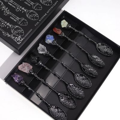 Set of 7 Dark Silver Gemstone Crystal Witch Spoons – Amethyst, Rose Quartz,Obsidian, Rock Quartz, Lapis Lazuli, Red Agate, Green Aventurine