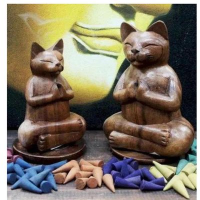 Wooden Carved Yoga Cat Incense Burner. Handcrafted in Suar Wood. Unique Gift