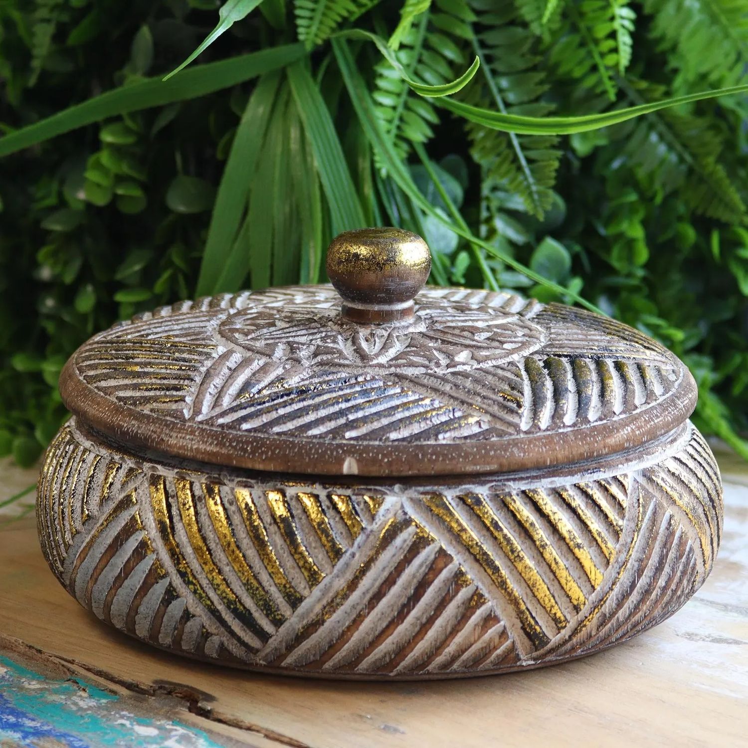 Natural &amp; Gold Wooden Sweet Jar | Elegant Storage Container | Rustic Chic Keepsake Box | Handmade Decorative Wooden Jar