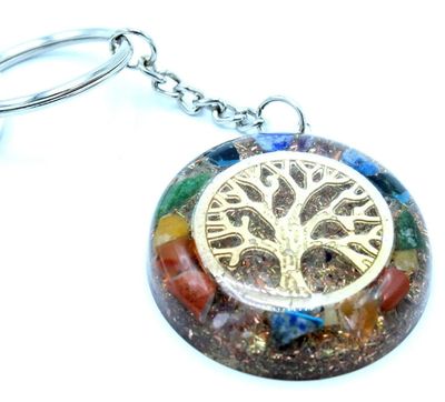 Handemade Orgonite Power Keyrings contain gemstone and metal elements with spiritual symbols, handcrafted in India