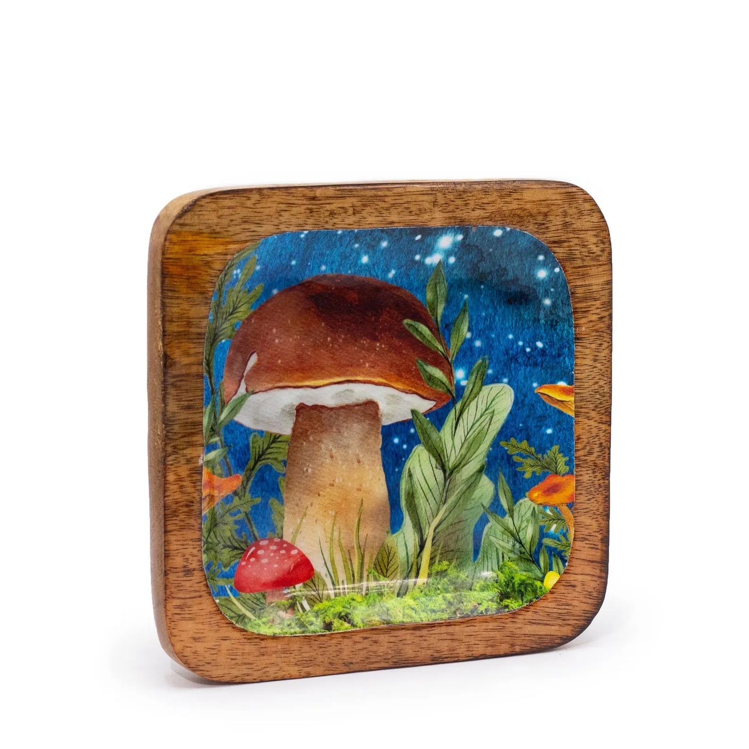 Handcrafted trinket tray made in sustainable mango wood in choice of blue or orange mushroom design, keepsake tray handcrafted enamel