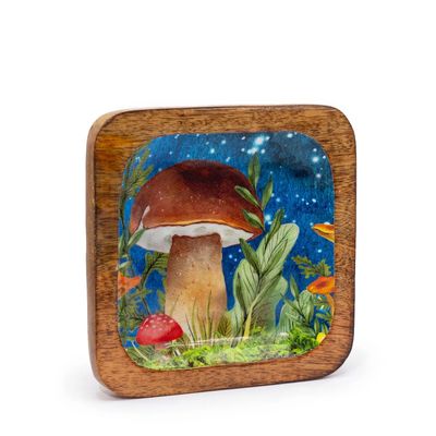 Handcrafted trinket tray made in sustainable mango wood in choice of blue or orange mushroom design, keepsake tray handcrafted enamel