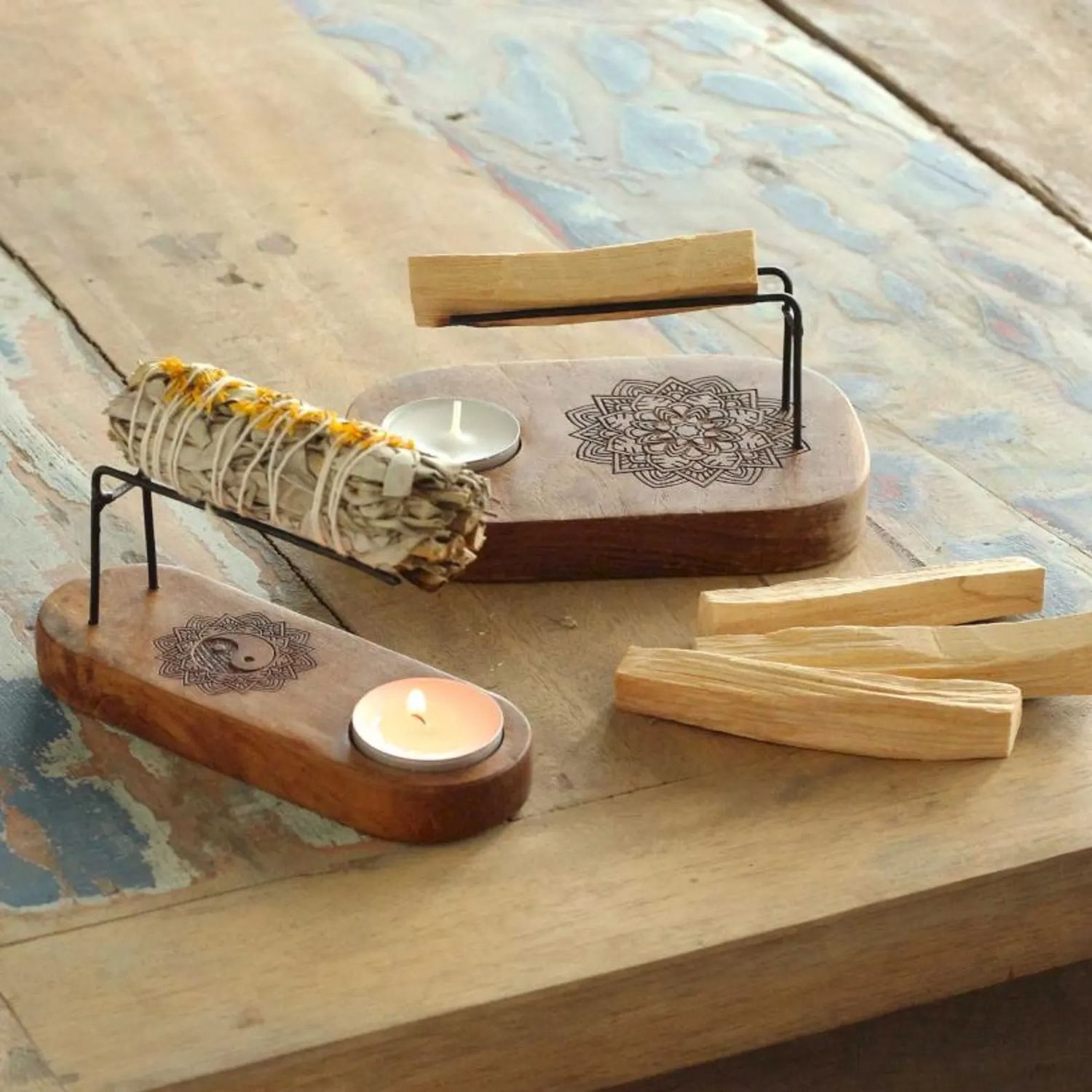 Handcrafted Teak Wood Palo Santo Heater Spiritual Burner with Hamsa, Mandala &amp; Tree of Life Aromatherapy and Energy Cleansing, lovely gift