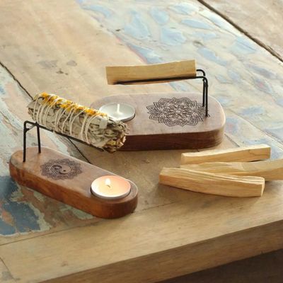 Handcrafted Teak Wood Palo Santo Heater Spiritual Burner with Hamsa, Mandala &amp; Tree of Life Aromatherapy and Energy Cleansing, lovely gift
