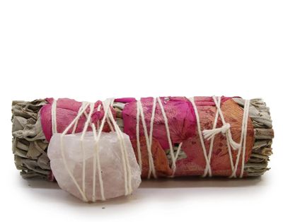 White sage smudge stick with rose quartz crystal, harvested sustainably and handcrafted into mixed bundles with beautiful rose quartz