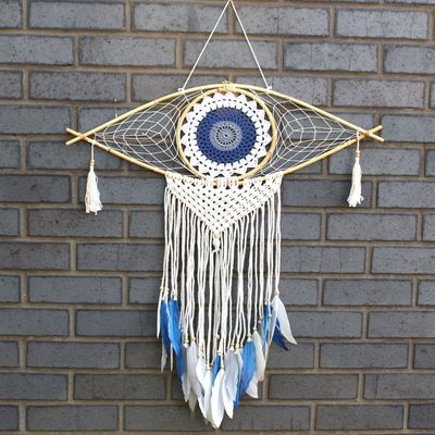 Large Macrame Dream Catcher with Feathers – Evil Eye Protector – Wood &amp; Macrame Hanging Wall Decor – Handcrafted Boho Dream Catcher