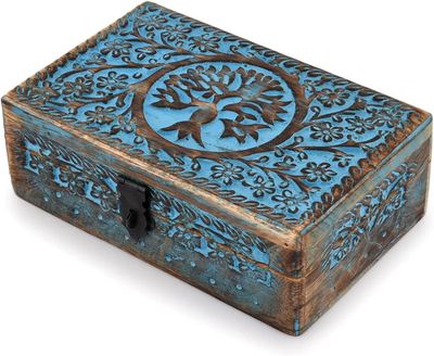 Handmade Mango Wood Blue Tree of Life Engraving Handcarved Jewellery Box for Women-Men Jewel | Home Decor Accents | Decorative Boxes
