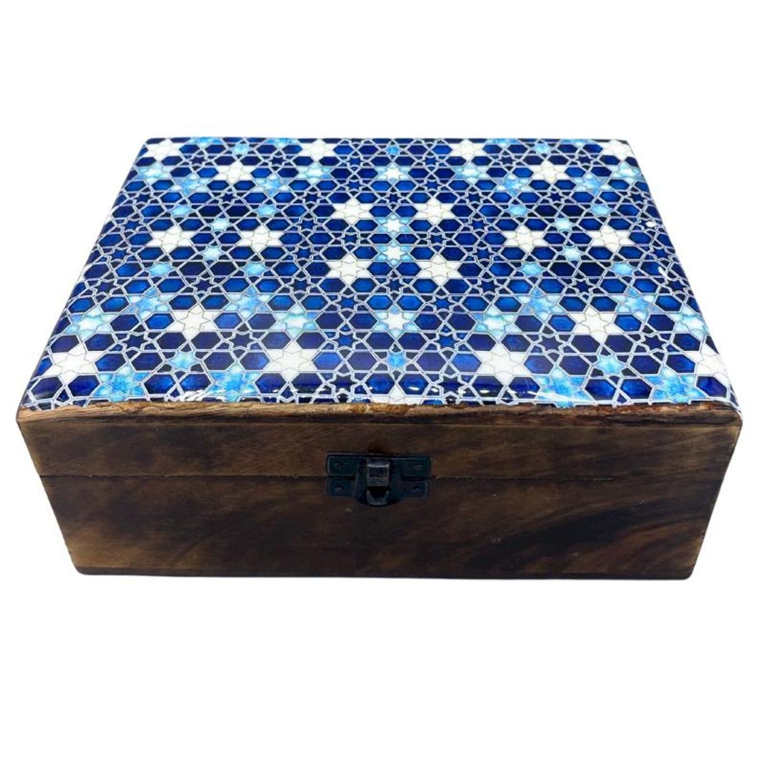 Handcrafted large Ceramic Glazed handcrafted Wood storage/keepsake Box Blue and white Stars background