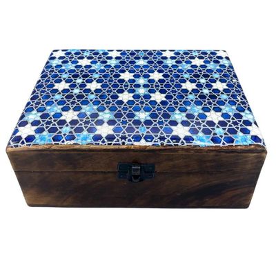 Handcrafted large Ceramic Glazed handcrafted Wood storage/keepsake Box Blue and white Stars background