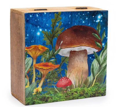 Handcrafted box, sustainable mango wood beautiful mushroom enamelled keepsake, trinket boxes with matching items, in blue or orange colours
