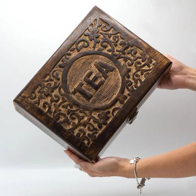 Handmade Wooden Tea Box in 3 different sizes -3, 6 or 12 Compartment Artisan Mango Wood Storage box with Carved Lid, tea lovers gift