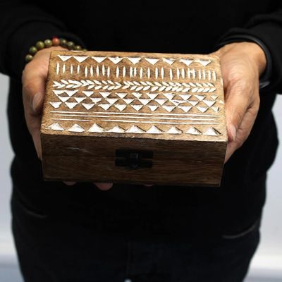 Handcrafted White Washed Wooden Box – 6x4” Hand-Carved Aztec Design | Rustic Storage Box | Boho Trinket Box | Small Keepsake Box,Card Holder