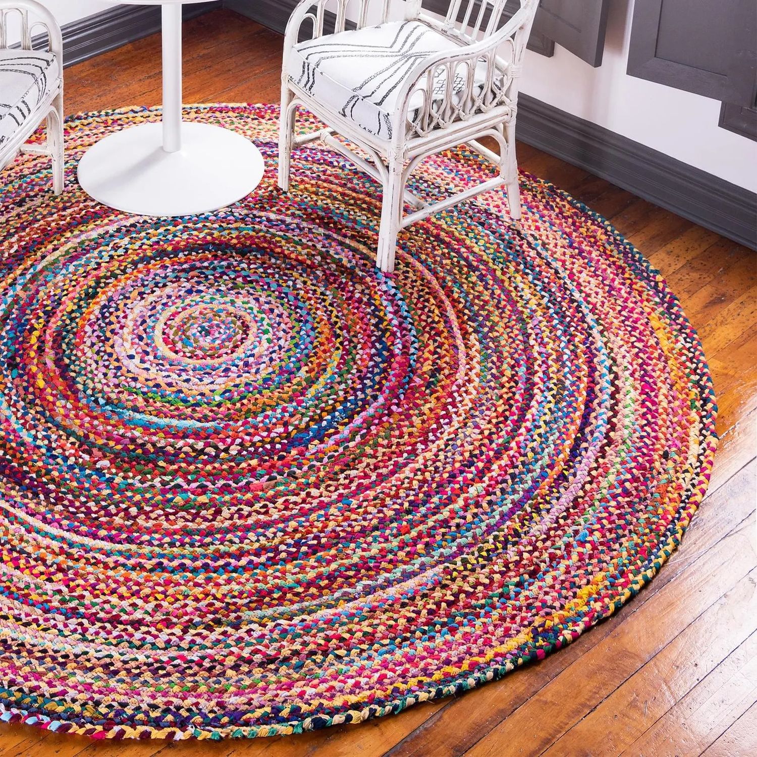 Round Jute and Recycled Cotton rugs handmade in India these rugs are sustainable, hard wearing, jute rugs, colourful various sizes,fairtrade