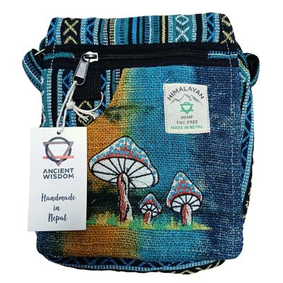 Handmade Hemp Embroidery Mushroom available in blue or red Mushroom design, handcrafted hemp bag,handmade bag,hemp bag,mushroom bag
