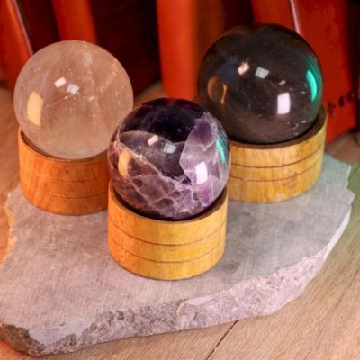 Crystal Spheres with Wooden Stand – 40mm &amp; 50mm Hand-carved in India
