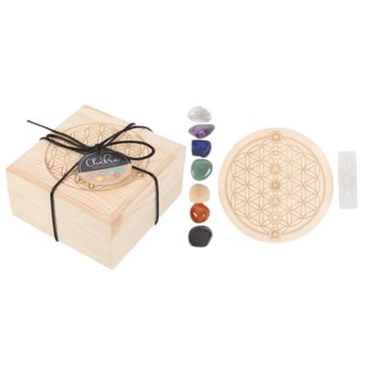 Chakra Crystal Healing Set with Selenite Wand, 7 Tumbled Gemstones, Flower of Life Grid and Wooden Gift Box Energy Balancing Crystals