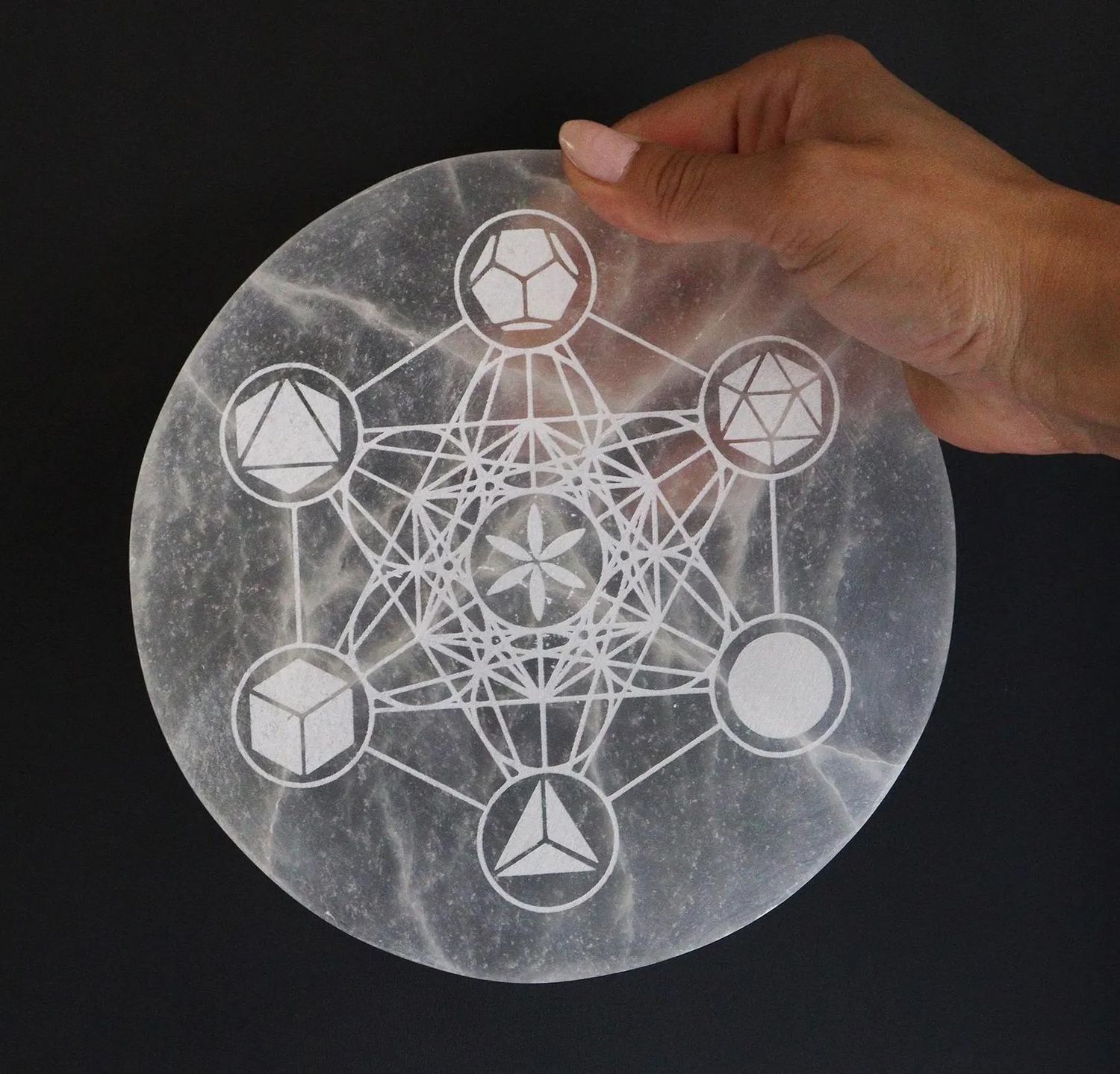 Large Selenite Charging Plate 18cm – Sacred Geometry Design for Cleansing and Charging Crystals, Jewellery