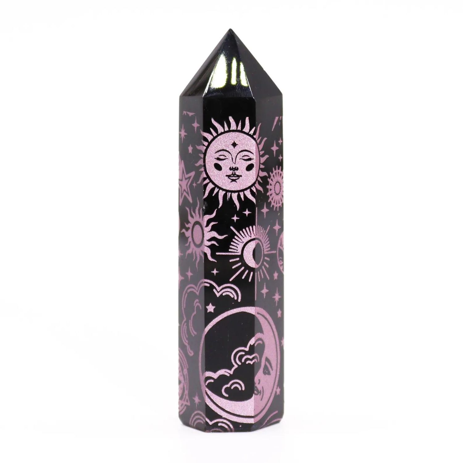 Black Obsidian Points, featuring delicate rose pink celestial designs combines powerful metaphysical properties with a charming aesthetic