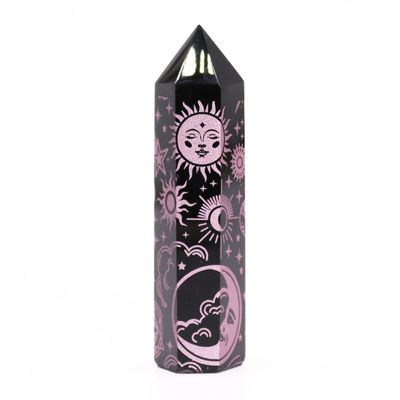 Black Obsidian Points, featuring delicate rose pink celestial designs combines powerful metaphysical properties with a charming aesthetic
