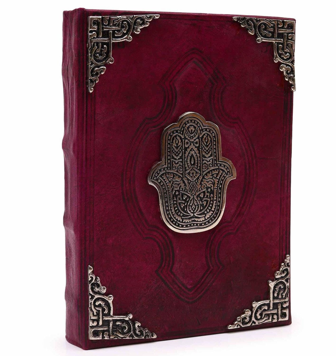 Large Handmade Leatherbound journal Red &amp; Tan– Rustic Leather Notebook with Zinc Hamsa Hand, 200 Deckle-Edge Pages, Hefty Writing Journal